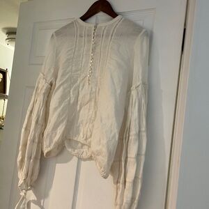Free People ivory peasant boho blouse balloon sleeve ties 100% linen